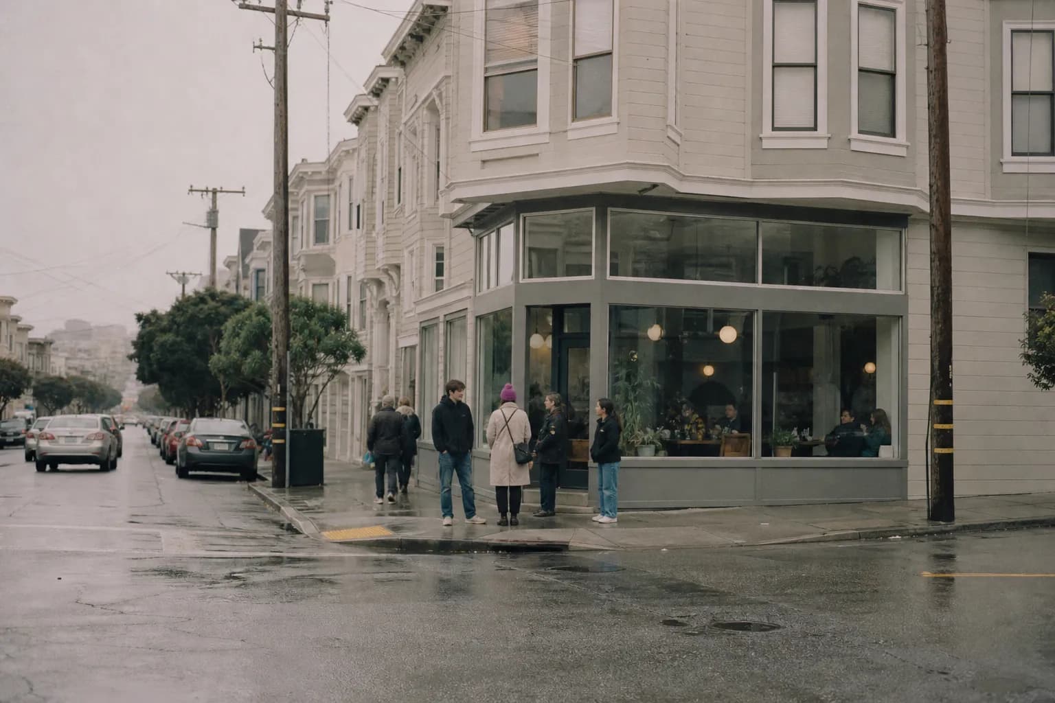 A low-rise San Francisco corner cafe on an overcast morning with wet pavement and a small group of people in jackets standing outside the glass frontage