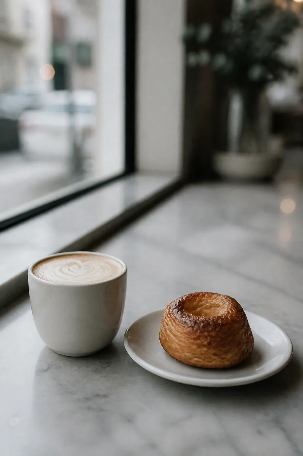 A flat white in a plain ceramic cup beside a single golden laminated pastry on a small plate, on a marble cafe counter in soft morning window light