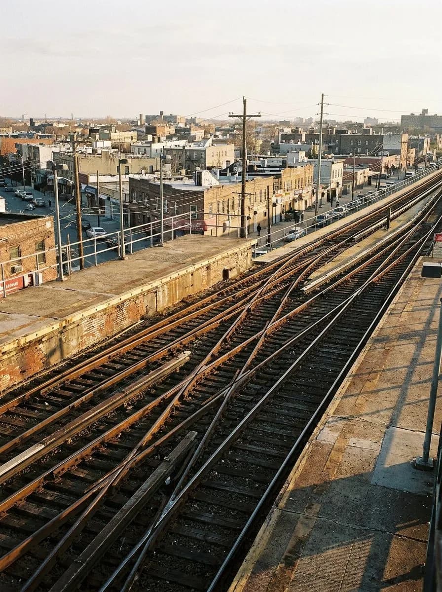 broadway junction's elevated platforms when three train lines converge at dusk