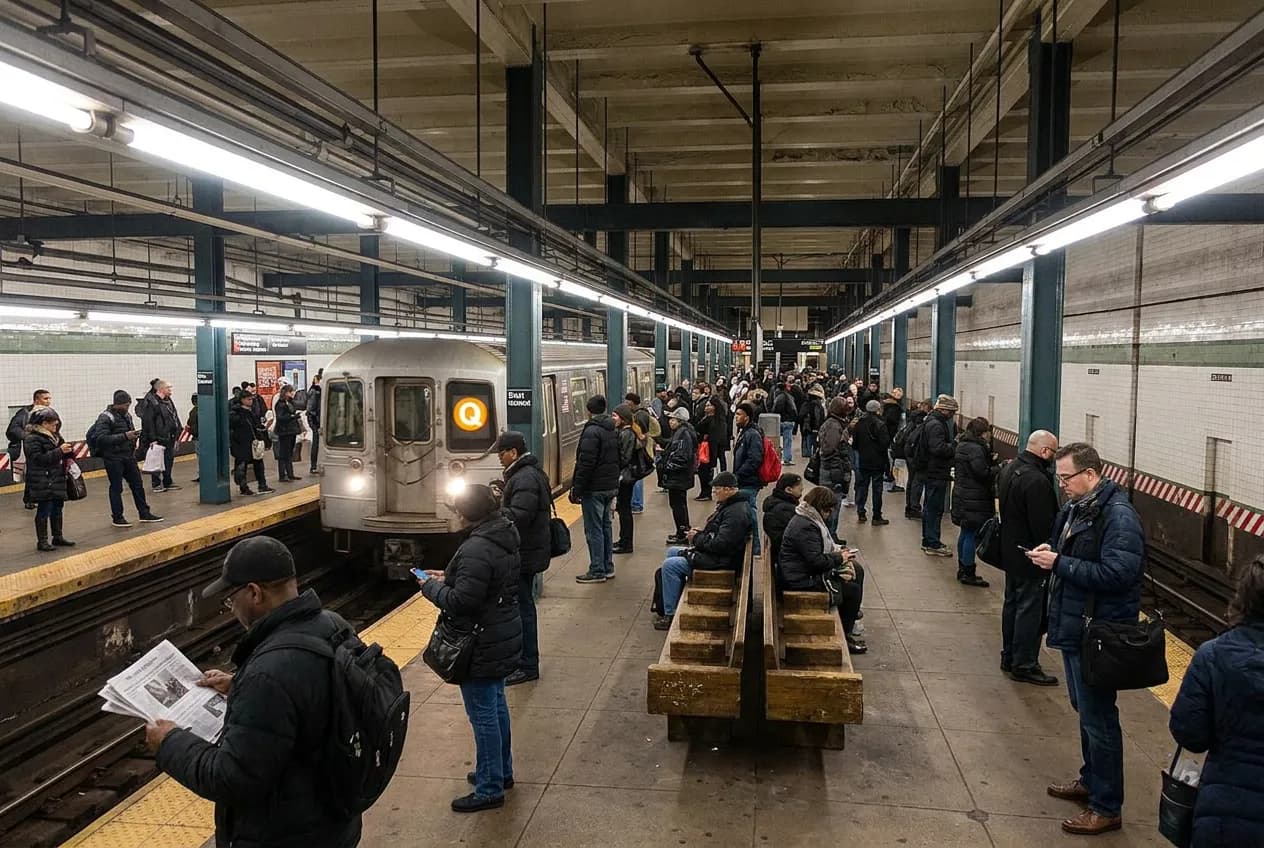 A busy Brooklyn subway station platform with a train arriving and riders waiting under bright station lighting
