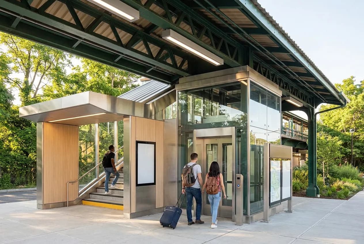 A newly renovated subway station entrance with a glass elevator and clean modern finishes at street level