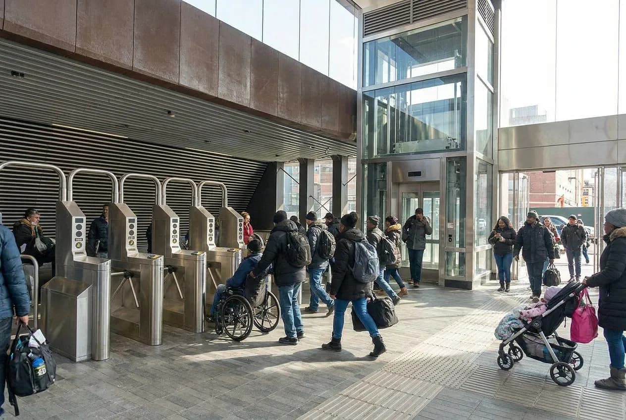 Commuters using an accessible subway station with an elevator and wide fare gates during a busy weekday