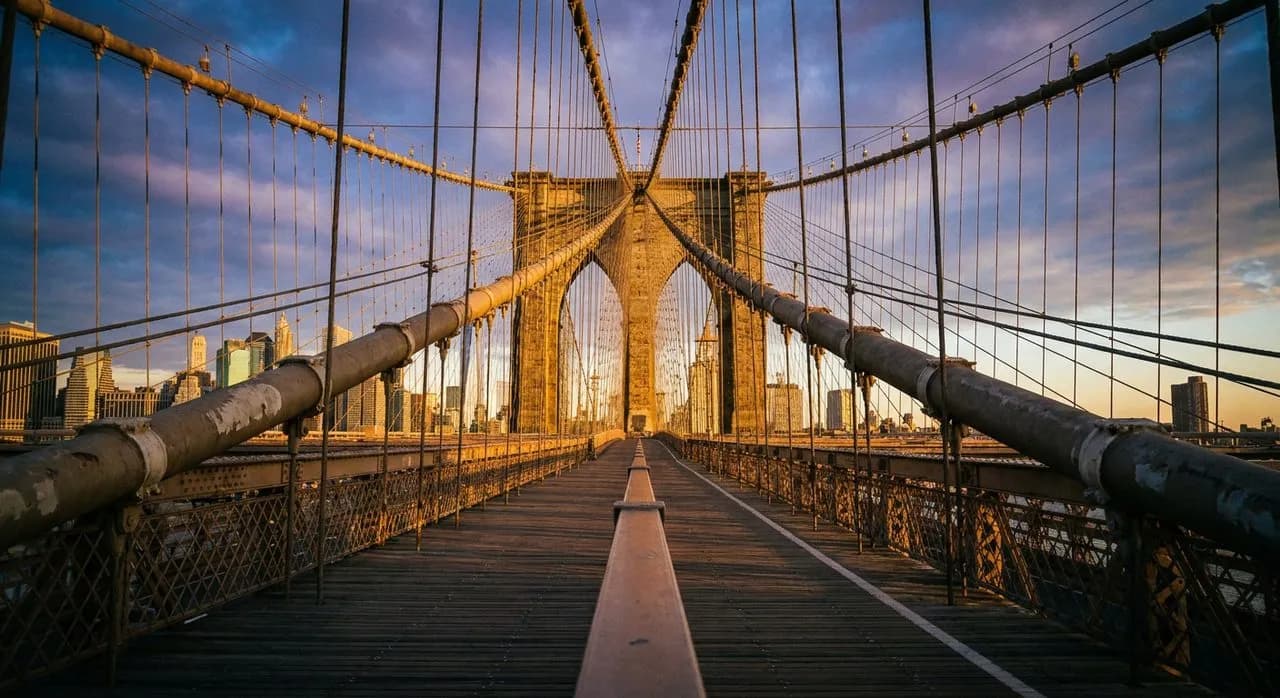 Brooklyn Bridge Pedestrian Path Sunrise Walk and the 7:00am Manhattan-Bound Crossing