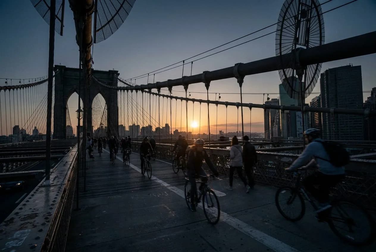 the brooklyn bridge walkway when the morning commuters own the span