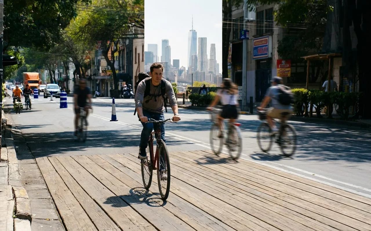 the brooklyn bridge walkway when the morning commuters own the span