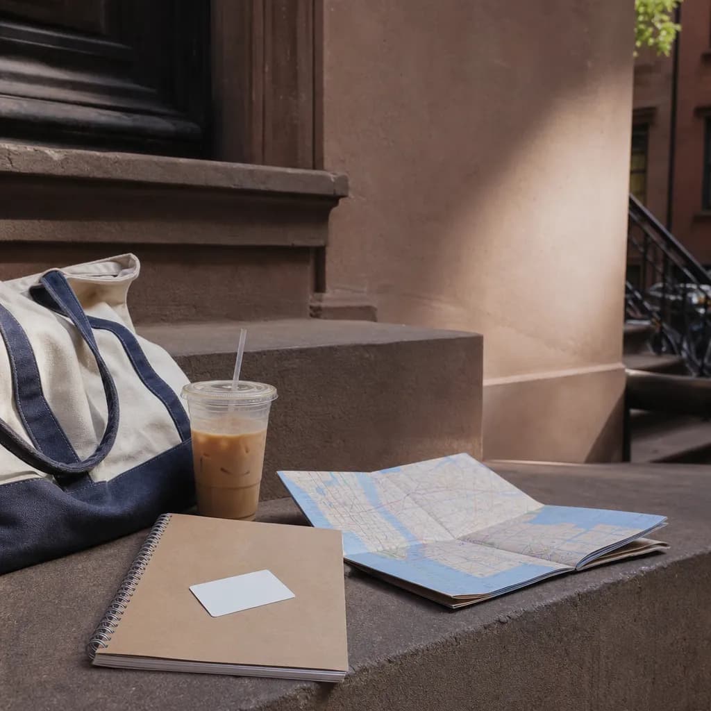 A Brooklyn campus route kit with notebook, MetroCard-style sleeve, and coffee