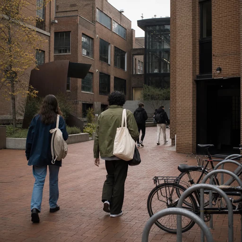 A studio-campus courtyard with brick, bikes, and art-school energy
