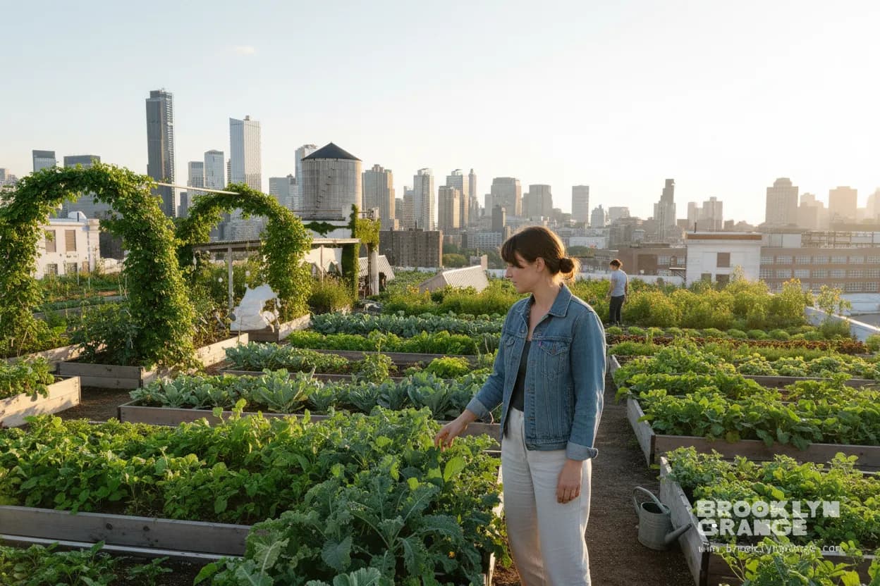 NYC experience scene for Brooklyn Grange Sunset Farm Tour: A Rooftop Queens Plan With Real Shade