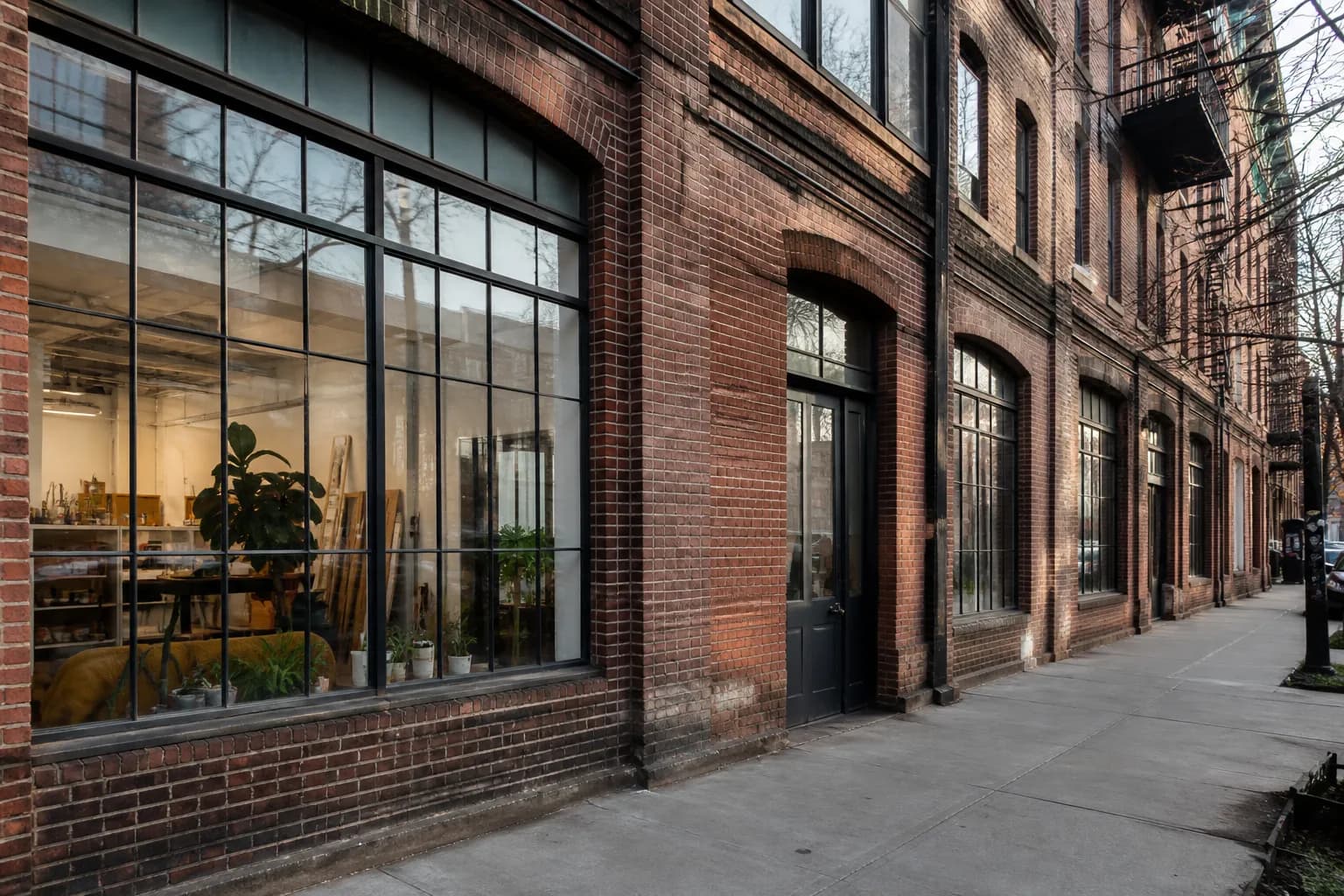 Sunlit Williamsburg studio building with large windows and an artsy industrial facade