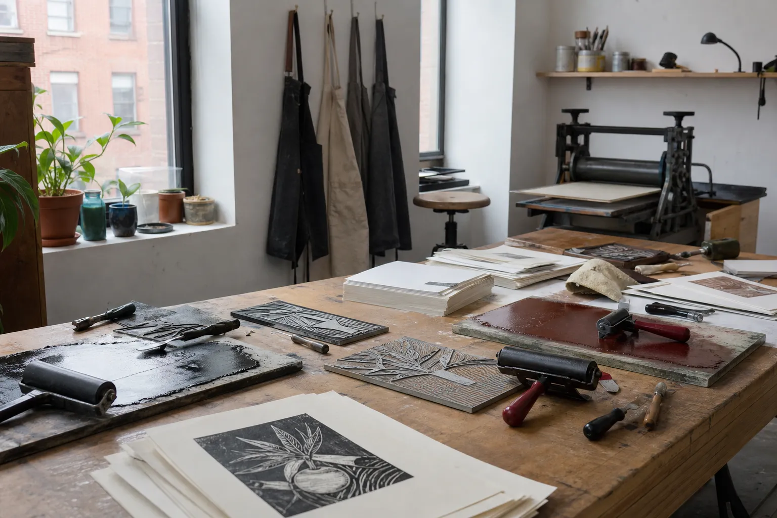 Printmaking tools and paper arranged on a studio worktable