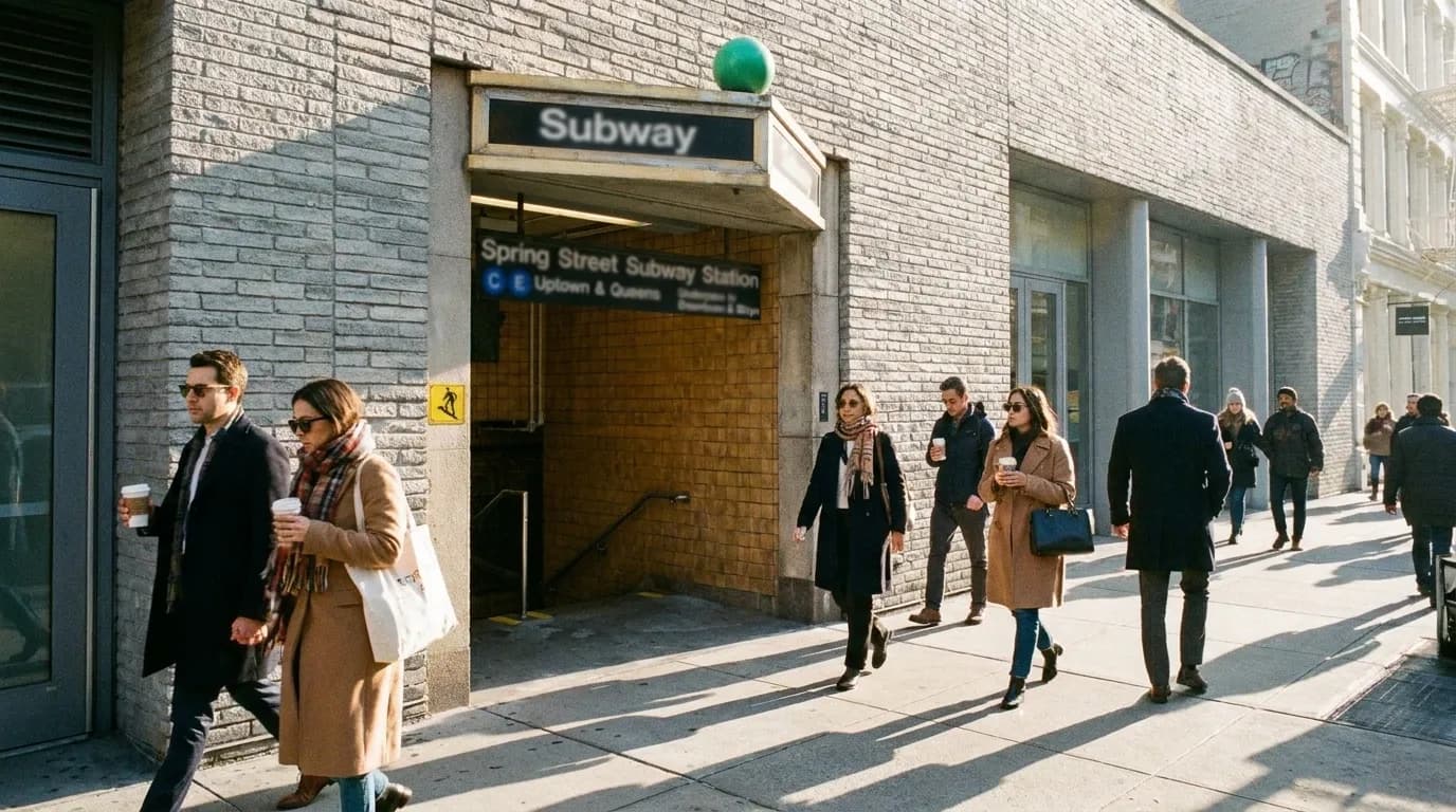 Weekend morning foot traffic passing a subway entrance on a cast-iron SoHo street corner, coffees in hand