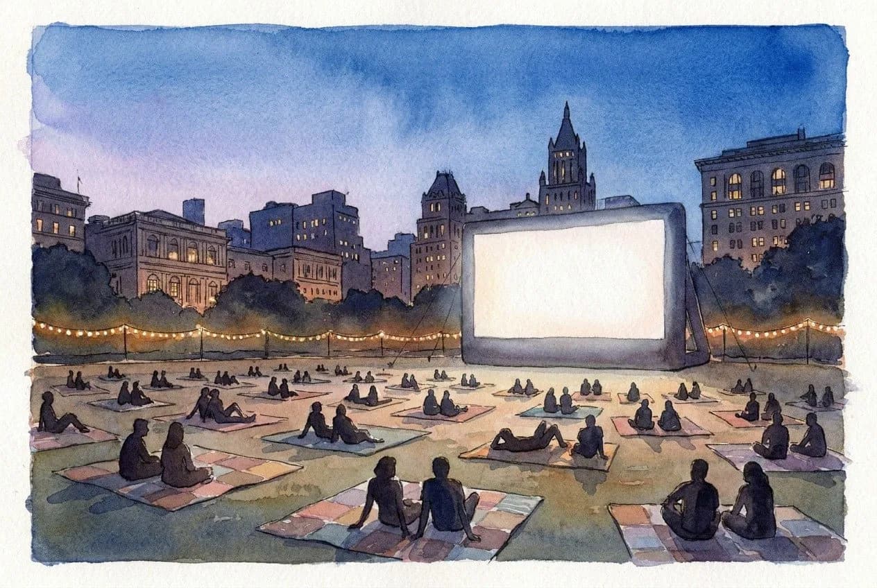 AI-generated watercolor: Bryant Park's Great Lawn at blue hour with dozens of softly painted picnic blankets in a quilt-like pattern, silhouetted seated figures, a large blank glowing white movie screen on the right, and the lit Beaux-Arts skyline of West 40th Street behind it under a lavender-to-cobalt watercolor sky