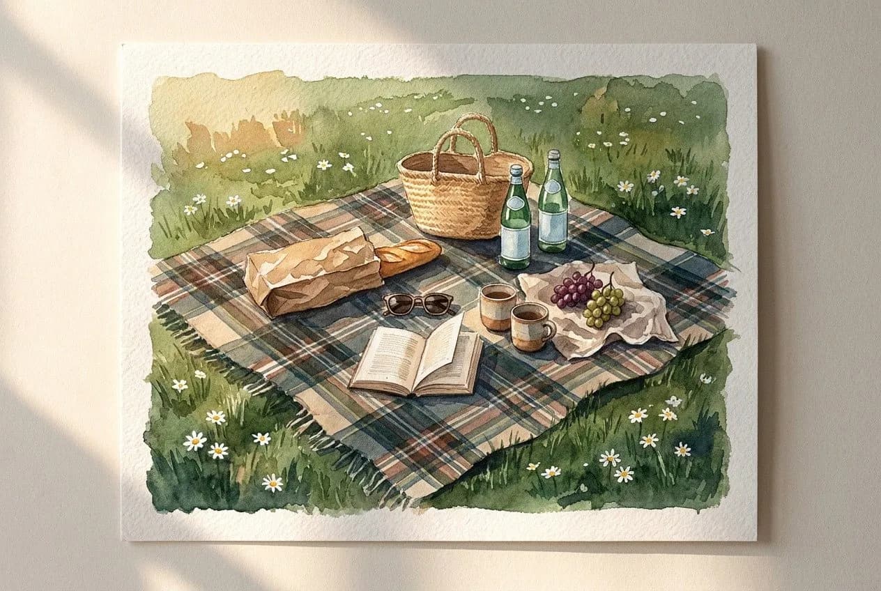 AI-generated watercolor: top-down view of a single unfurled tartan picnic blanket on green grass with a straw basket, a brown paper bag with a baguette poking out, two bottles of sparkling water, sunglasses, an open paperback face-down, two ceramic cups and a small bunch of grapes — late-afternoon warm light, no people, no logos