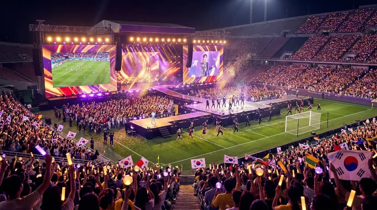 Bright editorial cover for BTS and Bieber Brought Pop Fandom Into Football’s Final