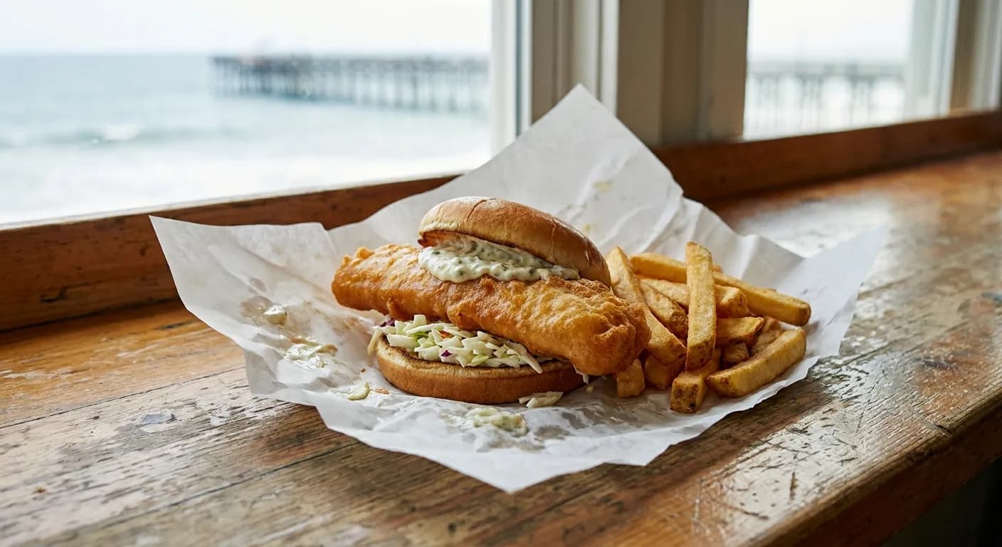 A crispy fish sandwich wrapped in paper with fries on a casual counter by a bright window