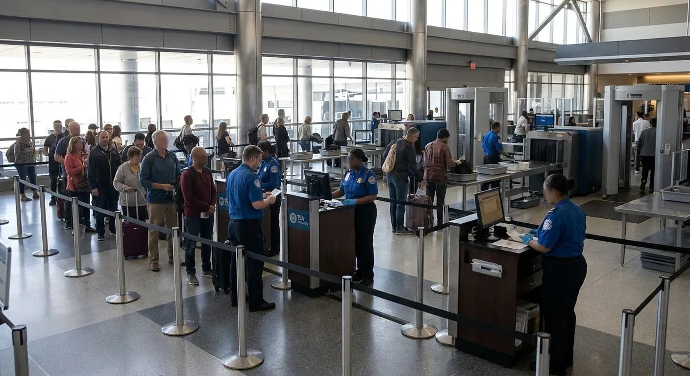 Passengers moving through a security checkpoint queue at Los Angeles International Airport with TSA podiums and screening lanes visible
