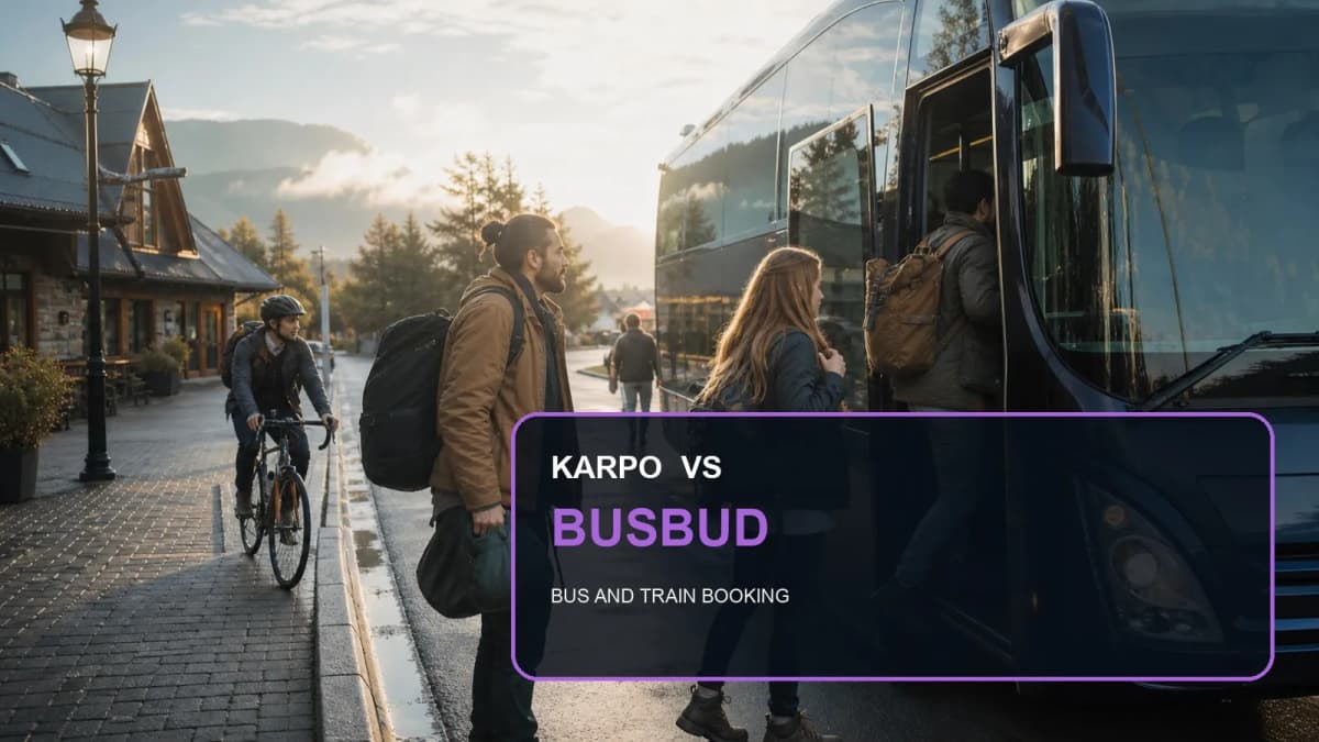 Karpo versus Busbud in a photorealistic editorial city comparison.