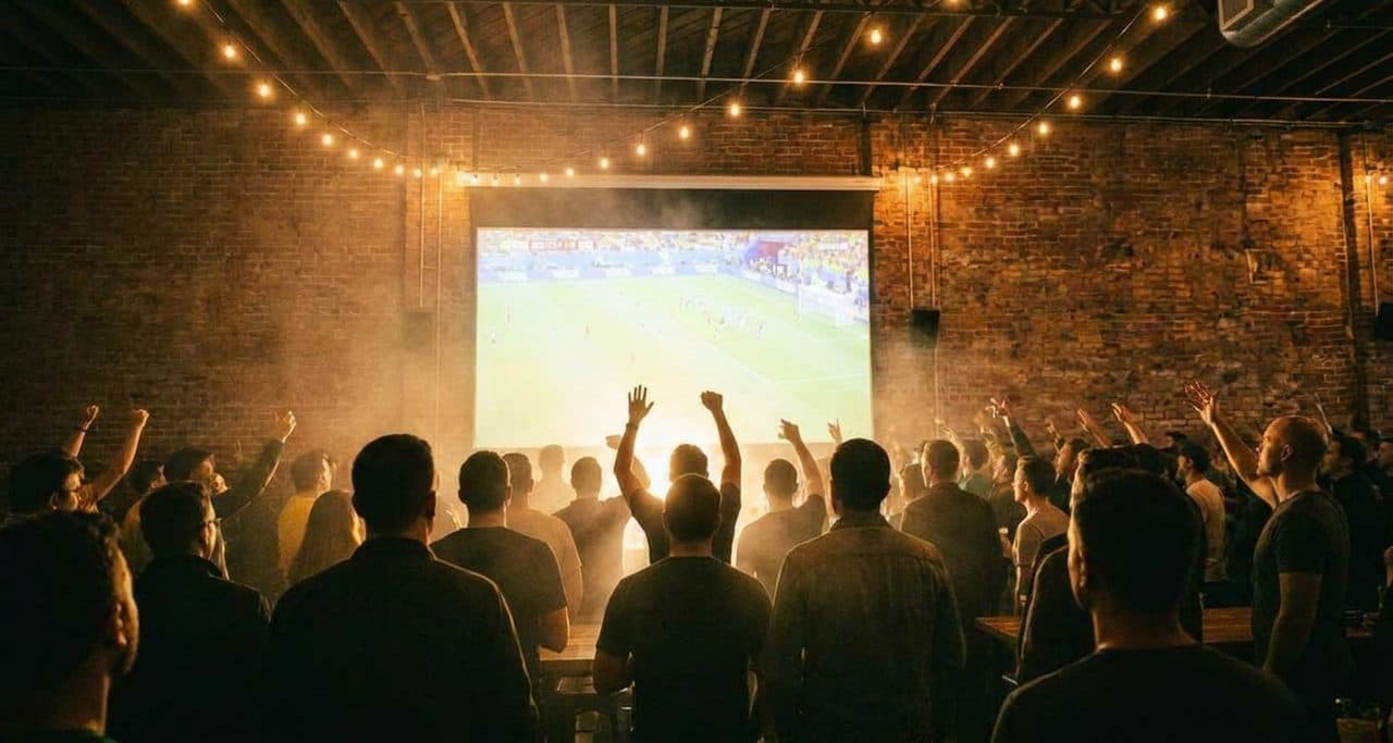 A Bushwick Bar at the FIFA World Cup 2026 Knockout Round, Projector On and Standing Room Only scene