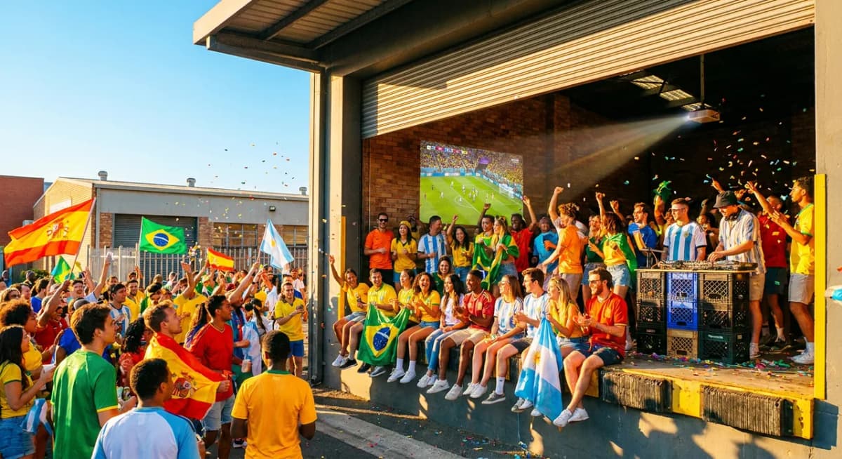 Bushwick warehouse loading docks turn into block party screening zones with DJs spinning between World Cup match halves - World Cup 2026