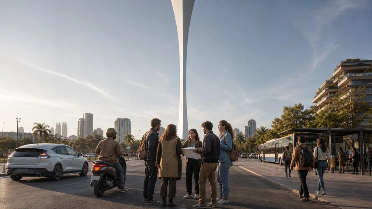Photorealistic group decision scene showing when to use Karpo and when to use Cabify.