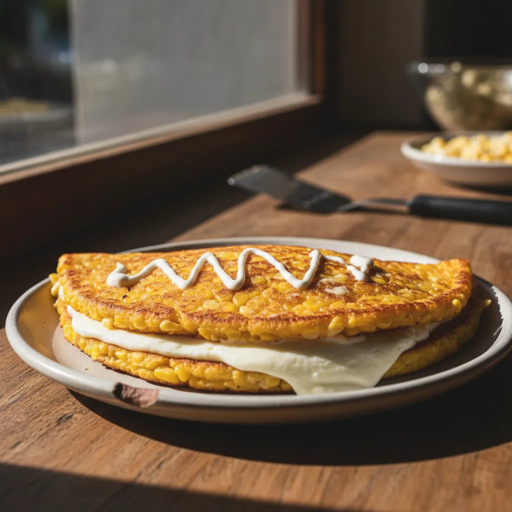Golden Venezuelan cachapa corn pancake folded over melting white queso de mano cheese on a plate