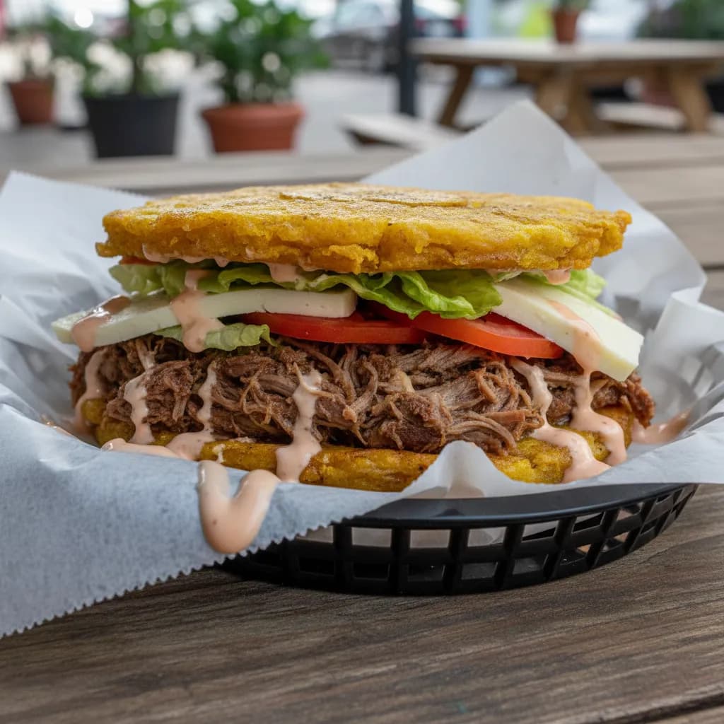 Patacon sandwich of crispy twice-fried green plantain discs filled with shredded beef, lettuce and sauce on butcher paper