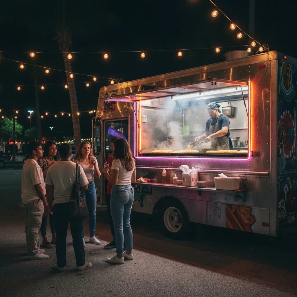 Latin American food truck glowing at night in a Doral parking lot with a small crowd waiting