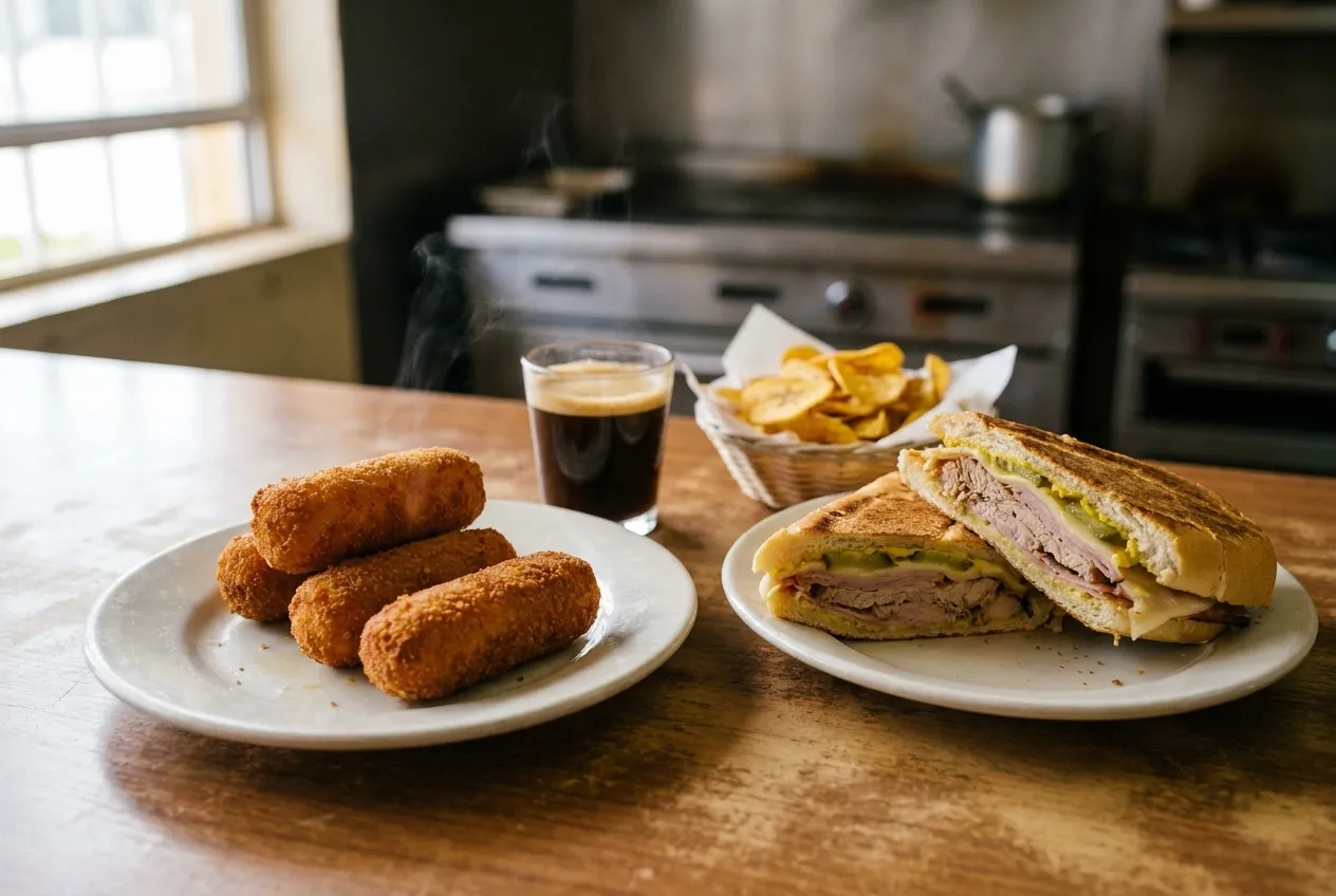 Golden Cuban croquetas on a plate with a pressed sandwich, cafecito, and plantain chips on a wooden counter.