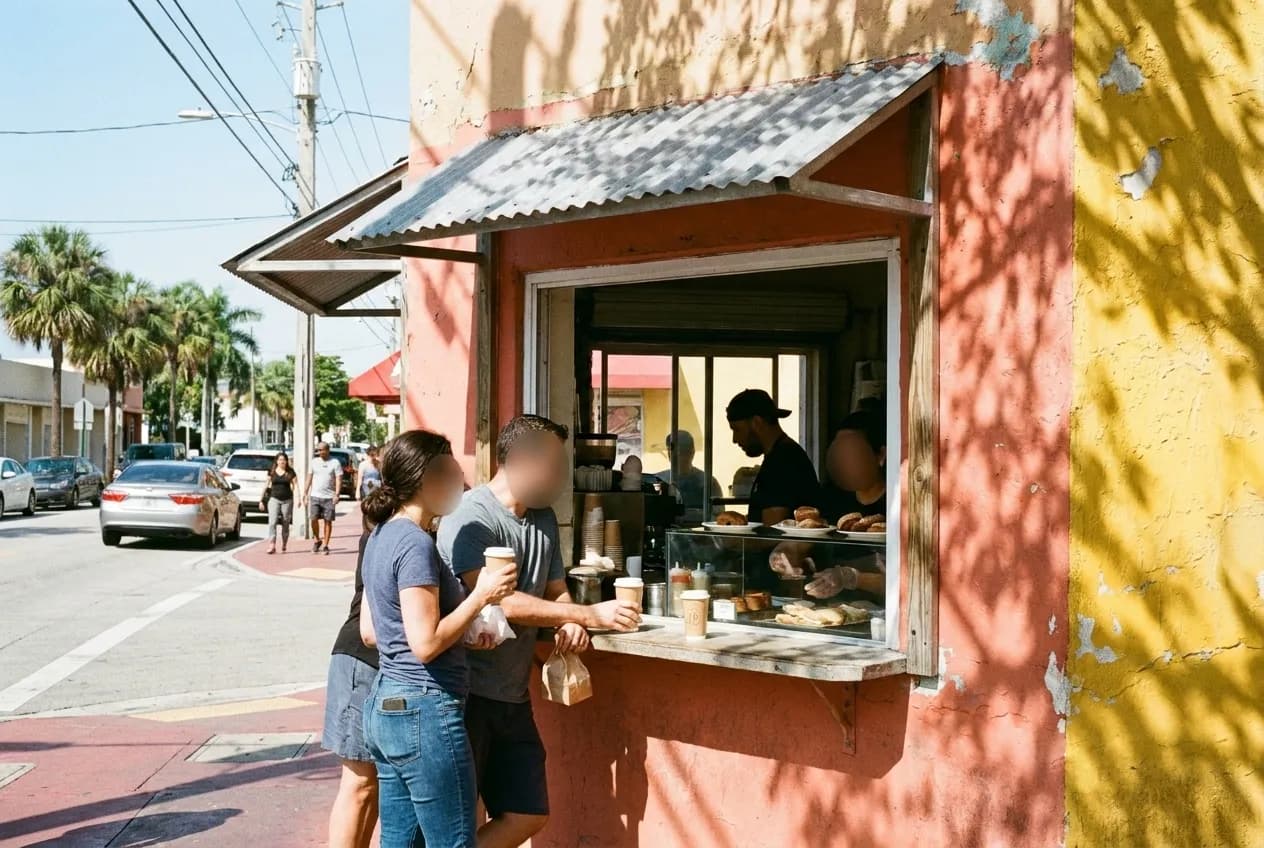 Customers at an outdoor walk-up counter in Little Havana with colorful walls and palm trees in the background.