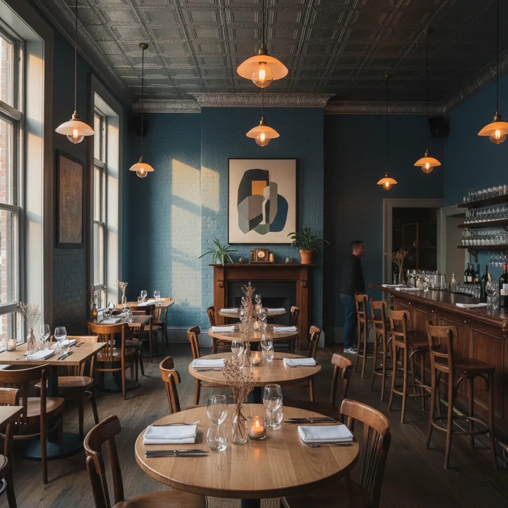 Editorial-style realistic scene inspired by Cafe Rue Dix in New York.