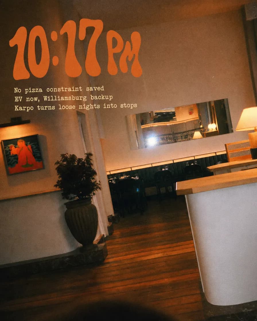 Karpo calendar surfacing a late-night, no-pizza food suggestion after 10 PM