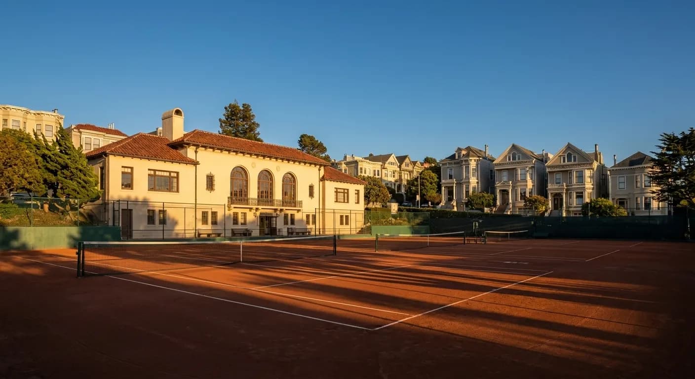 Historic tennis courts at California Tennis Club in Pacific Heights, San Francisco, with clubhouse architecture dating to 1926