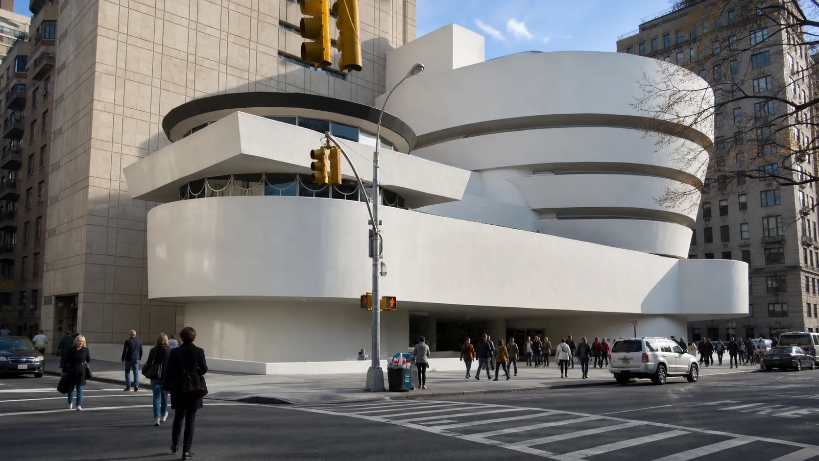 Street-level view of a New York City government services building with pedestrians nearby.