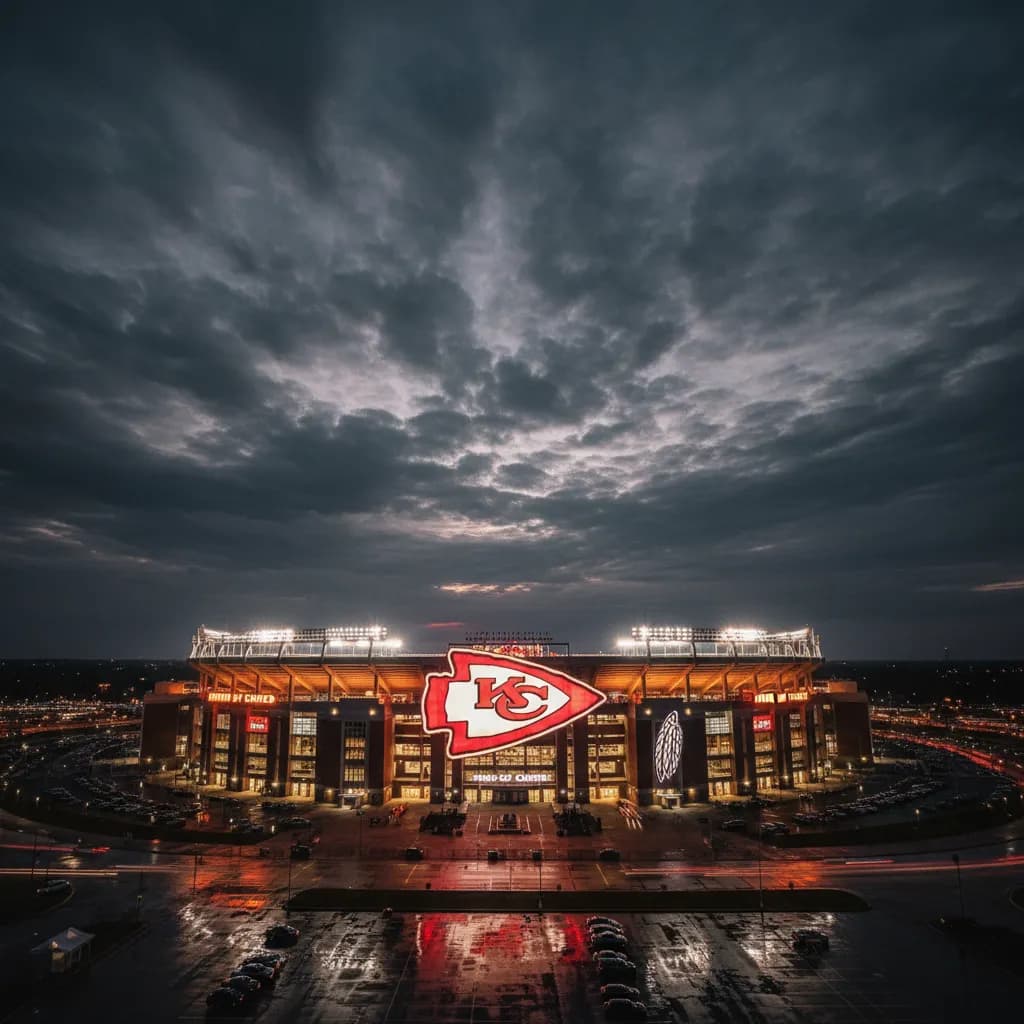 Arrowhead Stadium in Kansas City blazes with light at night under dramatic clouds