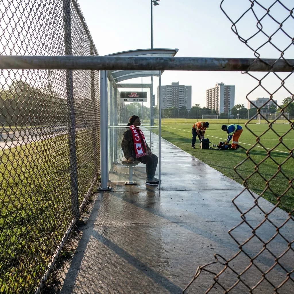 Where Canada's Stars Train: Toronto Downsview Park Base Camp Guide — Wide shot of the Downsview Park training pitch perimeter at 9:40 a.m., June morn
