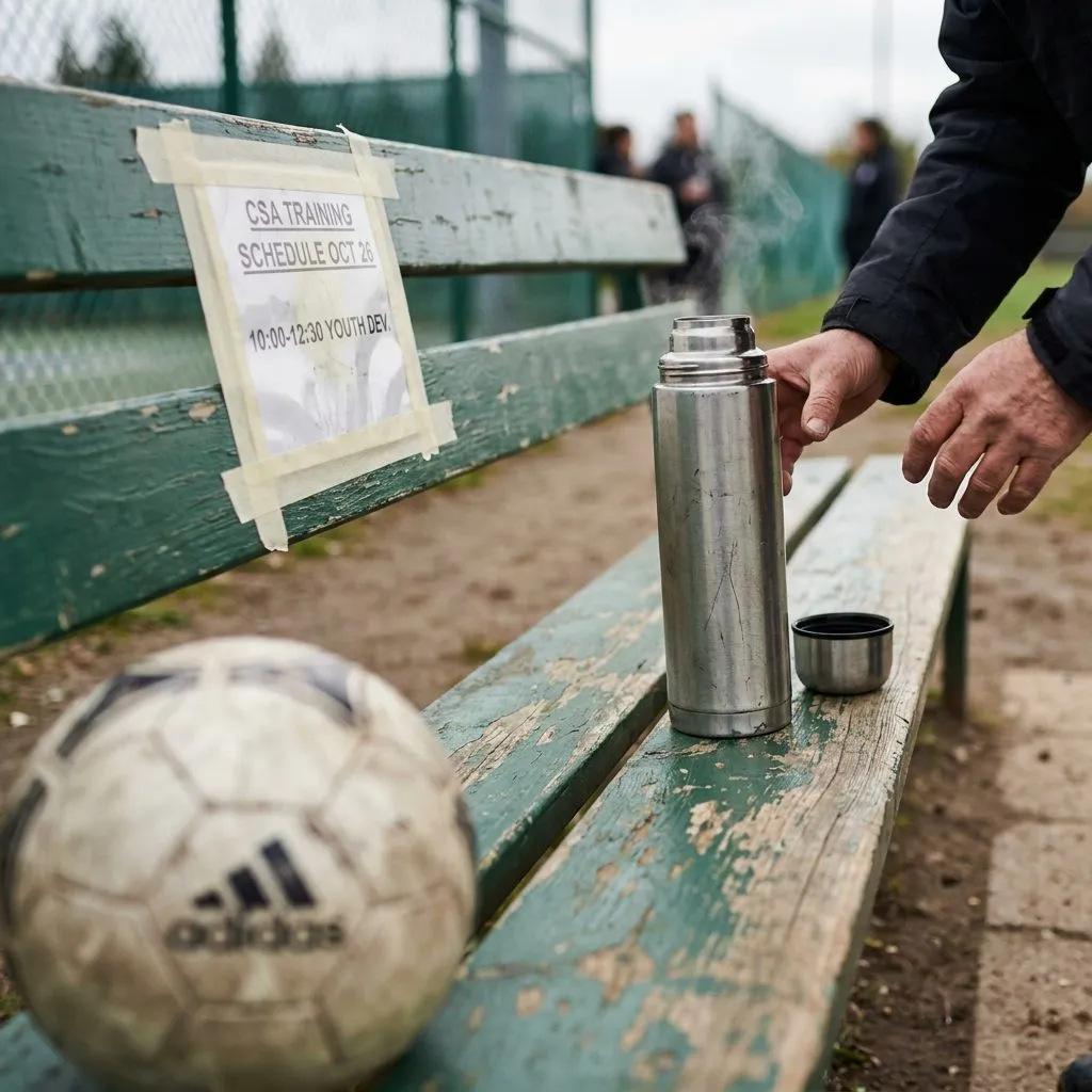 Where Canada's Stars Train: Toronto Downsview Park Base Camp Guide — Tight detail of a steel thermos resting on weathered wooden bleacher slats besid