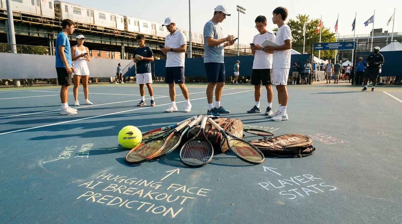 Bright editorial scene supporting Can Hugging Face AI Predict US Open Breakout Players.