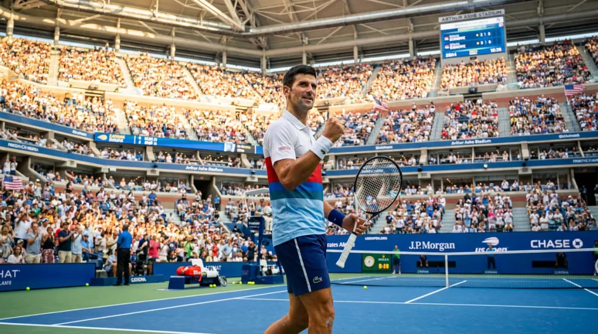 Photorealistic US Open tennis scene for Can Novak Djokovic Win Another US Open in New York.