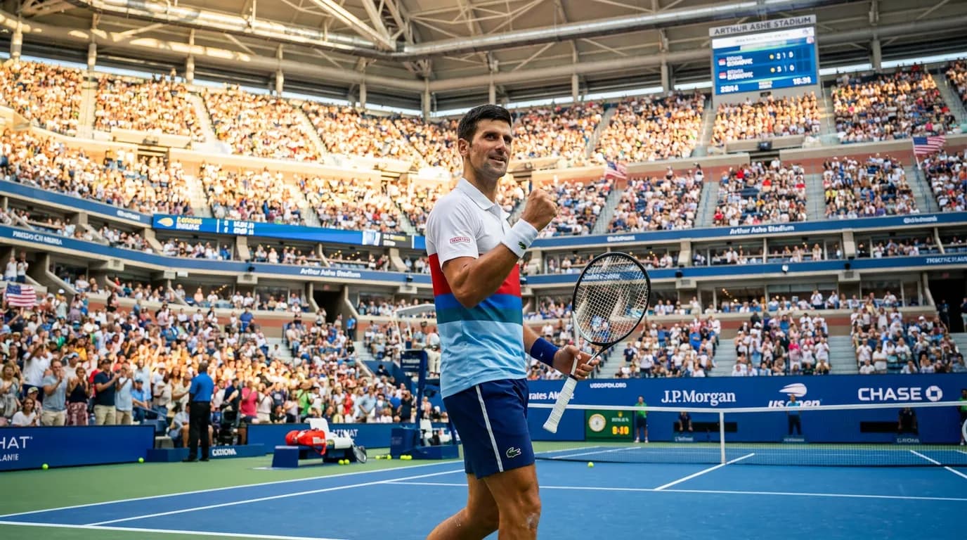 Photorealistic US Open tennis scene for Can Novak Djokovic Win Another US Open in New York.