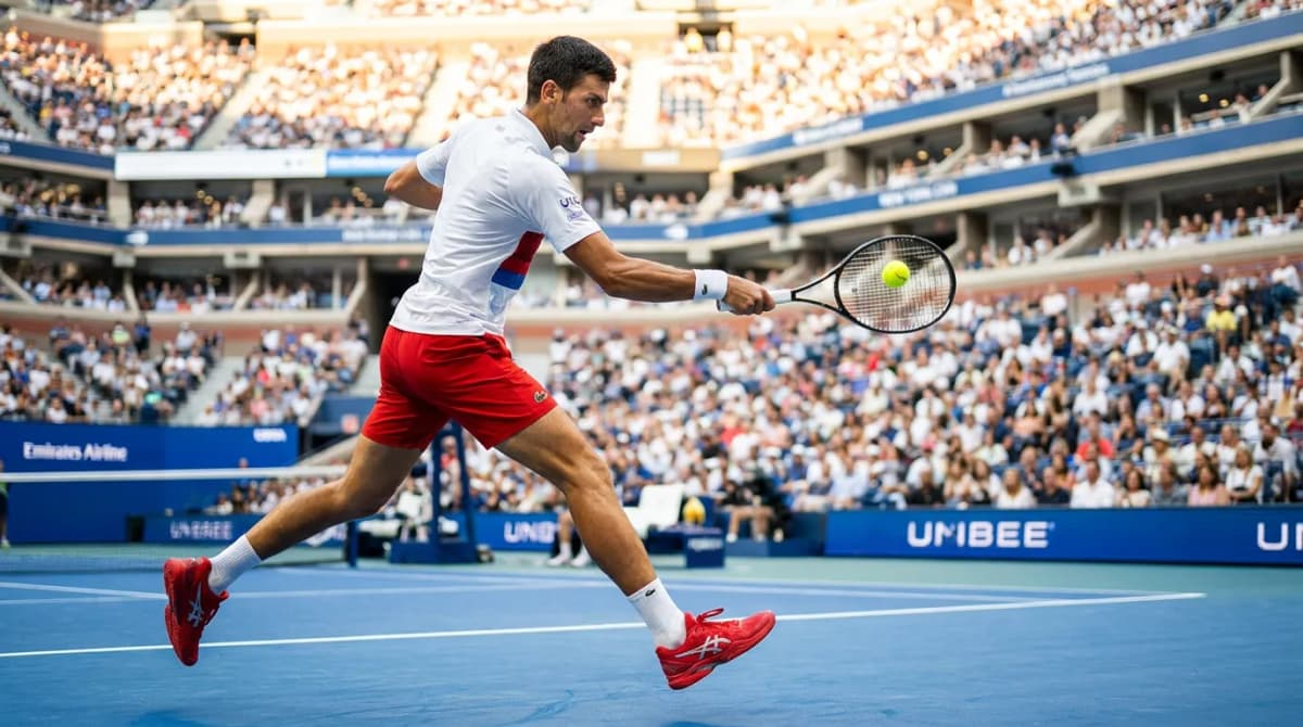 Photorealistic tennis scene illustrating Can Novak Djokovic Win Another US Open in New York.