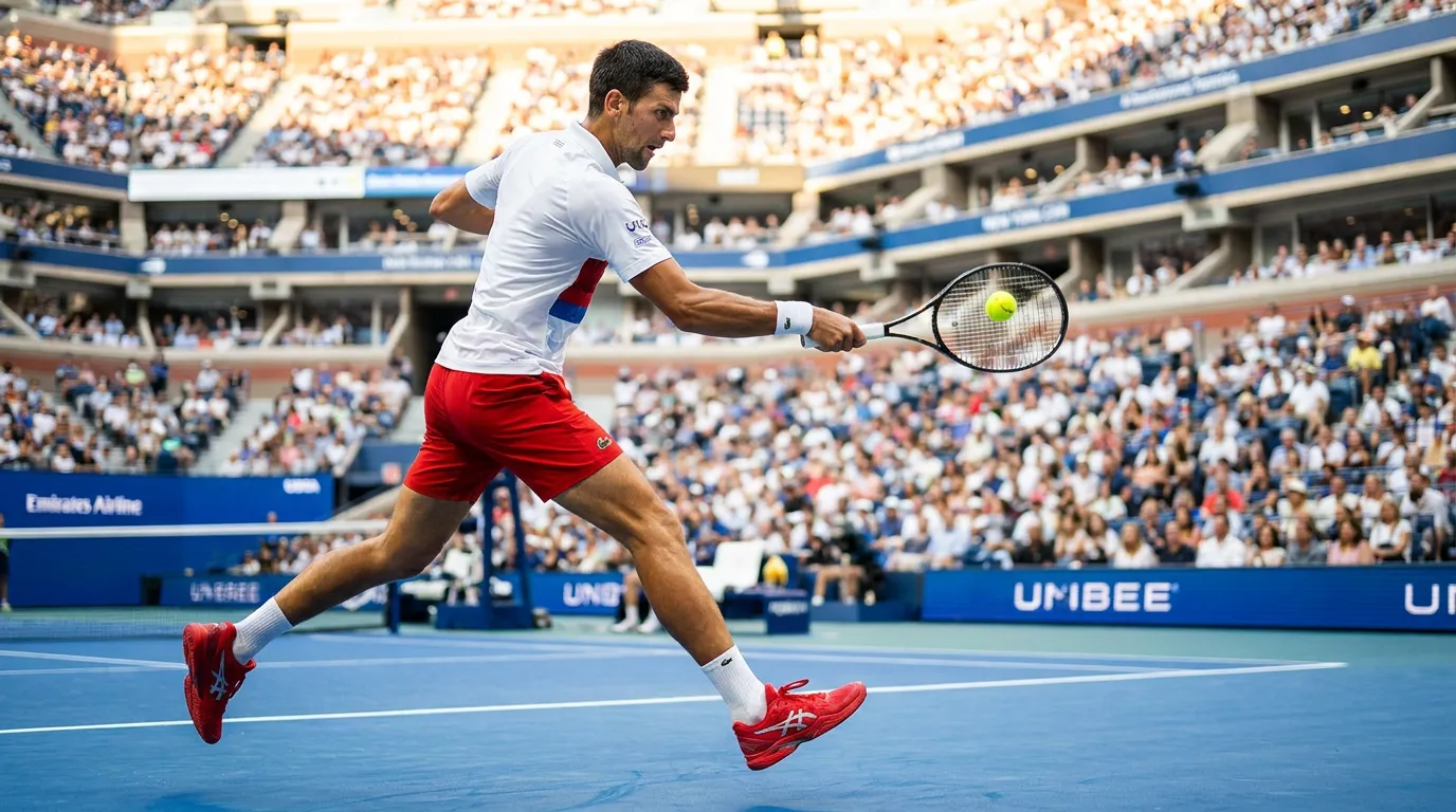 Photorealistic tennis scene illustrating Can Novak Djokovic Win Another US Open in New York.