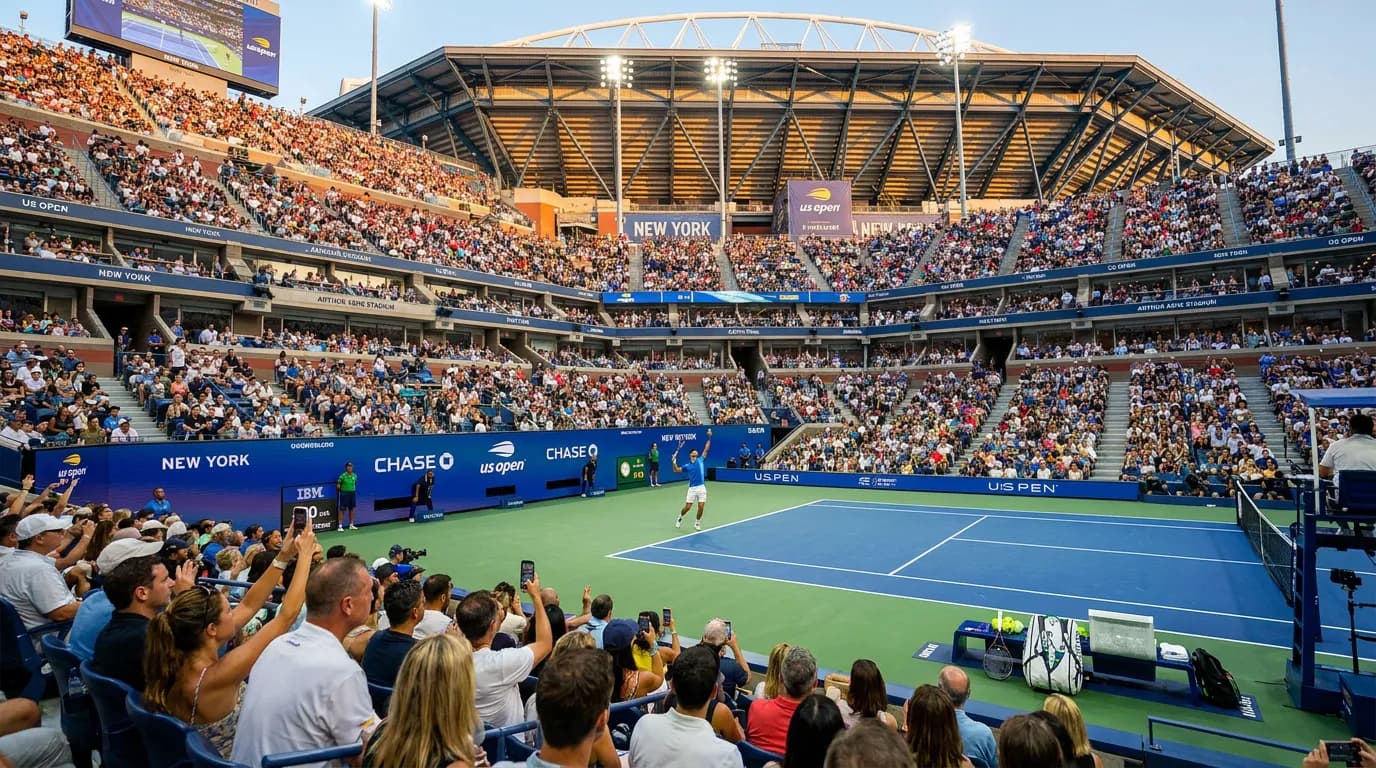Bright US Open tennis atmosphere illustrating Can Novak Djokovic Win Another US Open in New York.