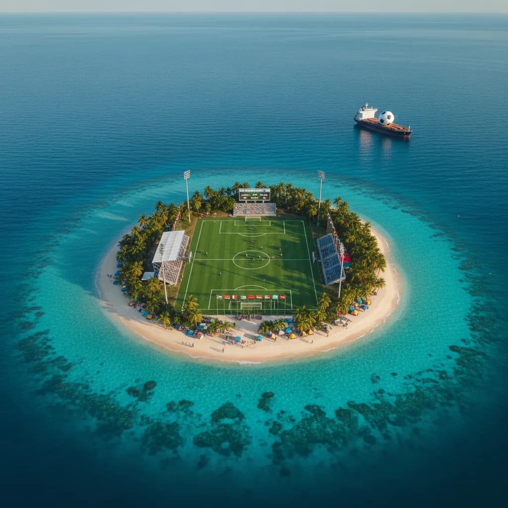 A small tropical island from the air with turquoise water and a soccer pitch on the green land