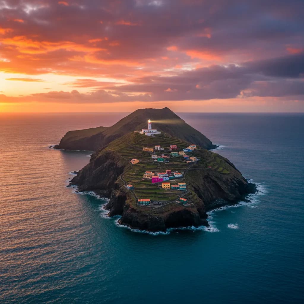 A small volcanic Cape Verdean island at sunset with colorful houses on the hillside