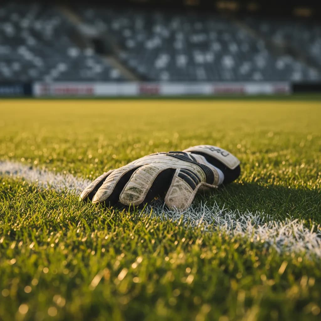 Worn goalkeeper glove lying on goalmouth grass near white chalk line