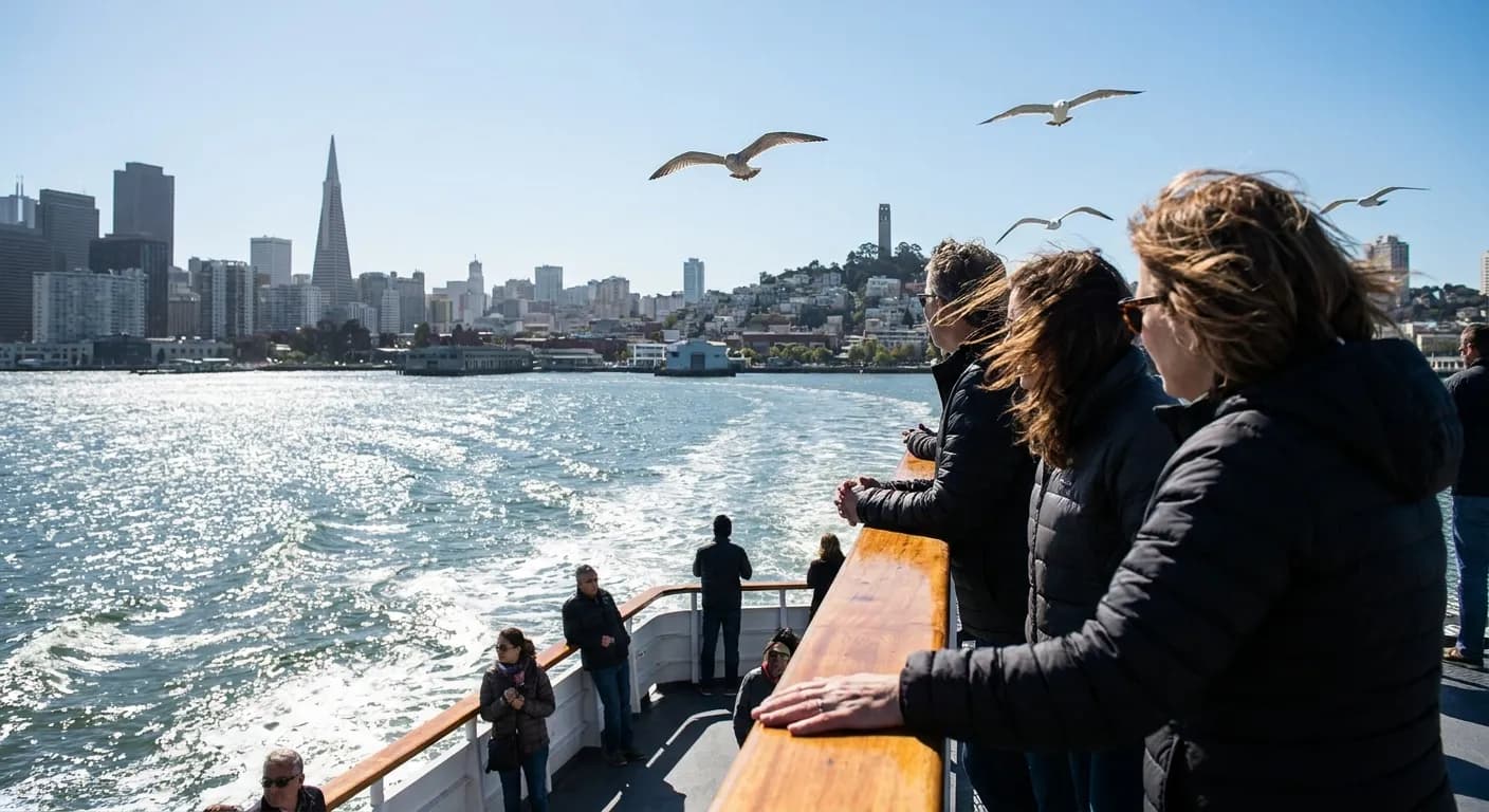 View from a ferry deck leaving San Francisco with the skyline receding and gulls overhead