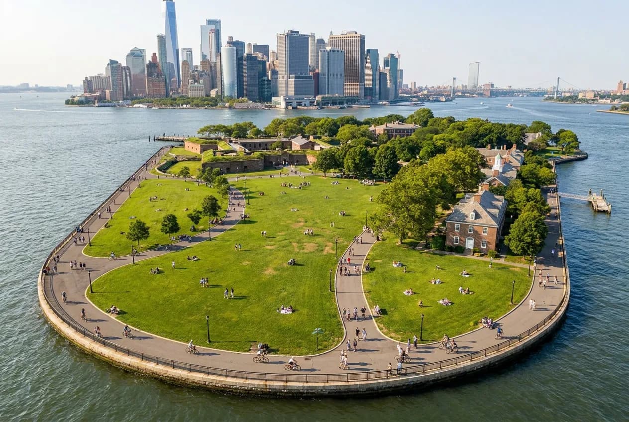 A green car-free island park with people walking and cycling on paths, the Manhattan skyline across the harbor in the distance