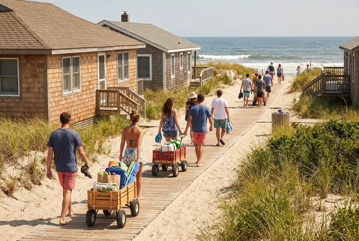 A car-free barrier-island beach community with a wooden boardwalk, low beach houses and people walking with wagons