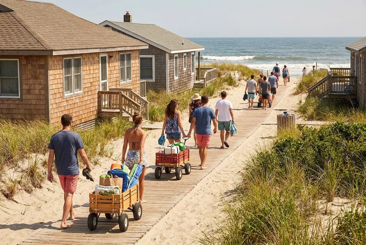 A car-free barrier-island beach community with a wooden boardwalk, low beach houses and people walking with wagons
