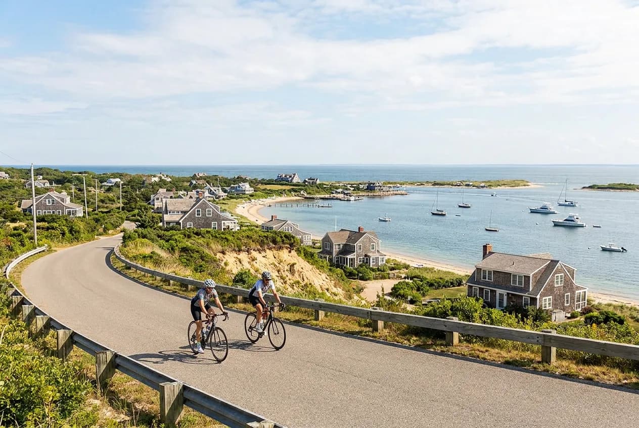 A New England-style island harbor with bluffs, bicycles and beach houses under a bright summer sky